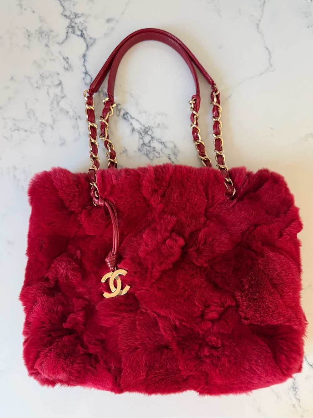 CHANEL Red Rabbit Fur Tote with Gold CC Charm and Chain Handles